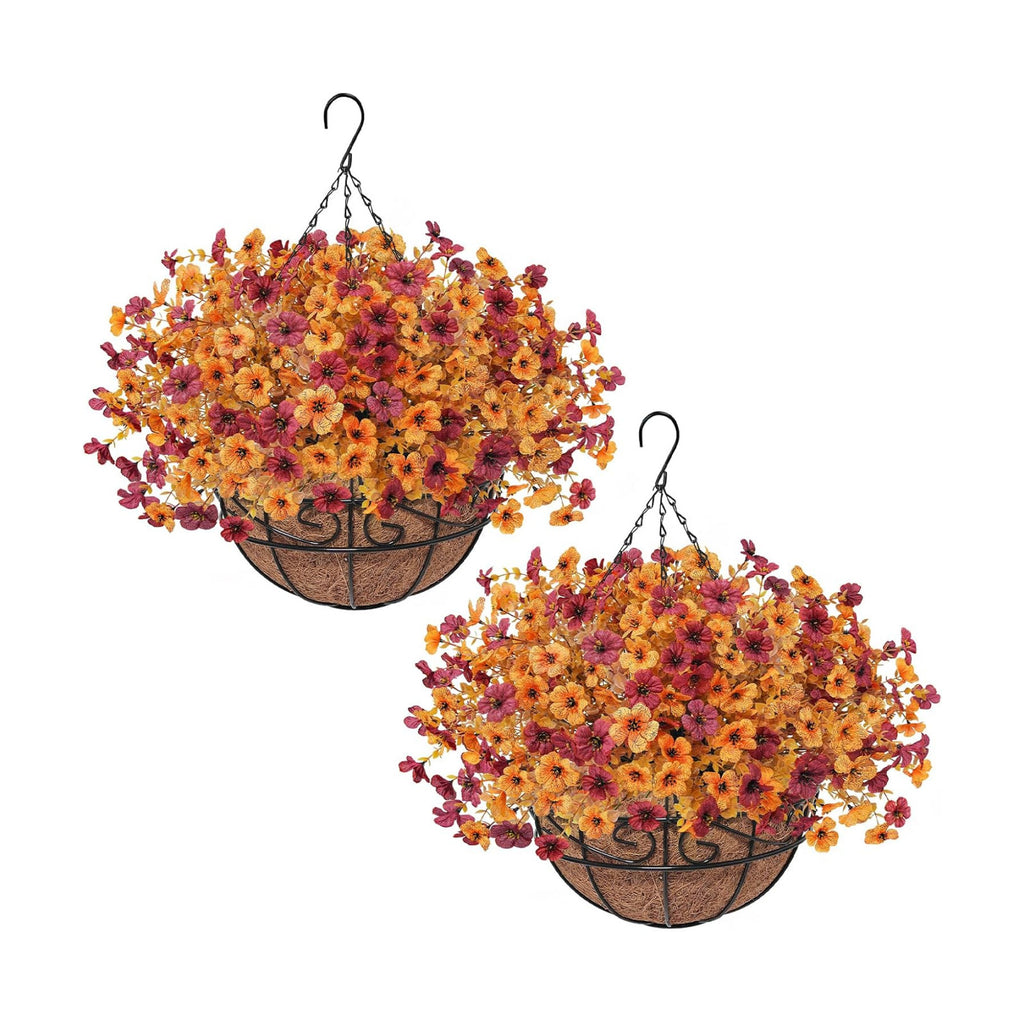 2 Set Artfiticial Fall Hanging Baskets Outdoor,Autumn Porch Decor,YellowRed