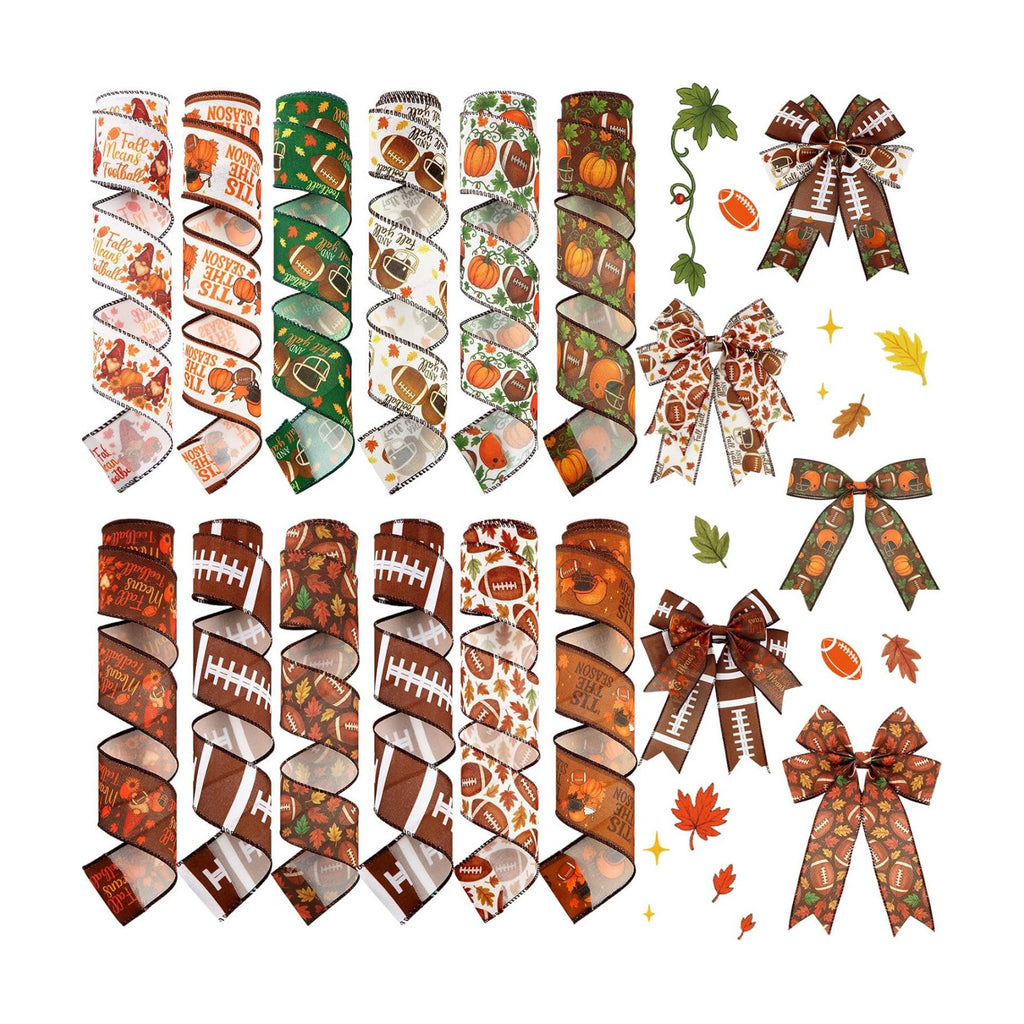 12 Rolls Fall Football Wired Edge Ribbon for Wreaths 2 Inch x 60 Yards Maple Leaves Pumpkin Football Print Ribbon Crafts for Thanksgiving Harvest Party Decorative Supplies, 12 Styles
