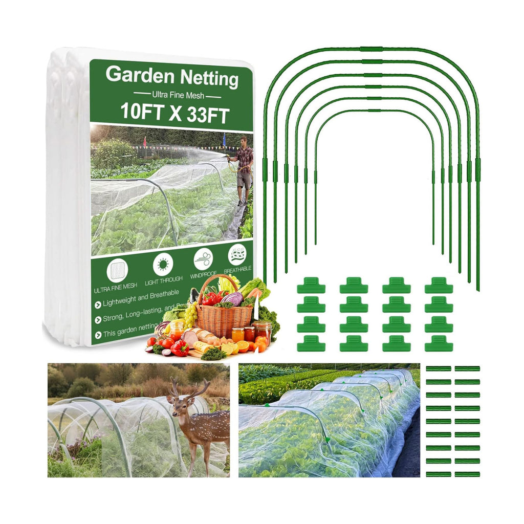 Garden Mesh Netting Kit, 10 * 33ft Ultra Fine Netting with 6pcs Garden Hoops for Raised Beds, Plants Cover Net for
