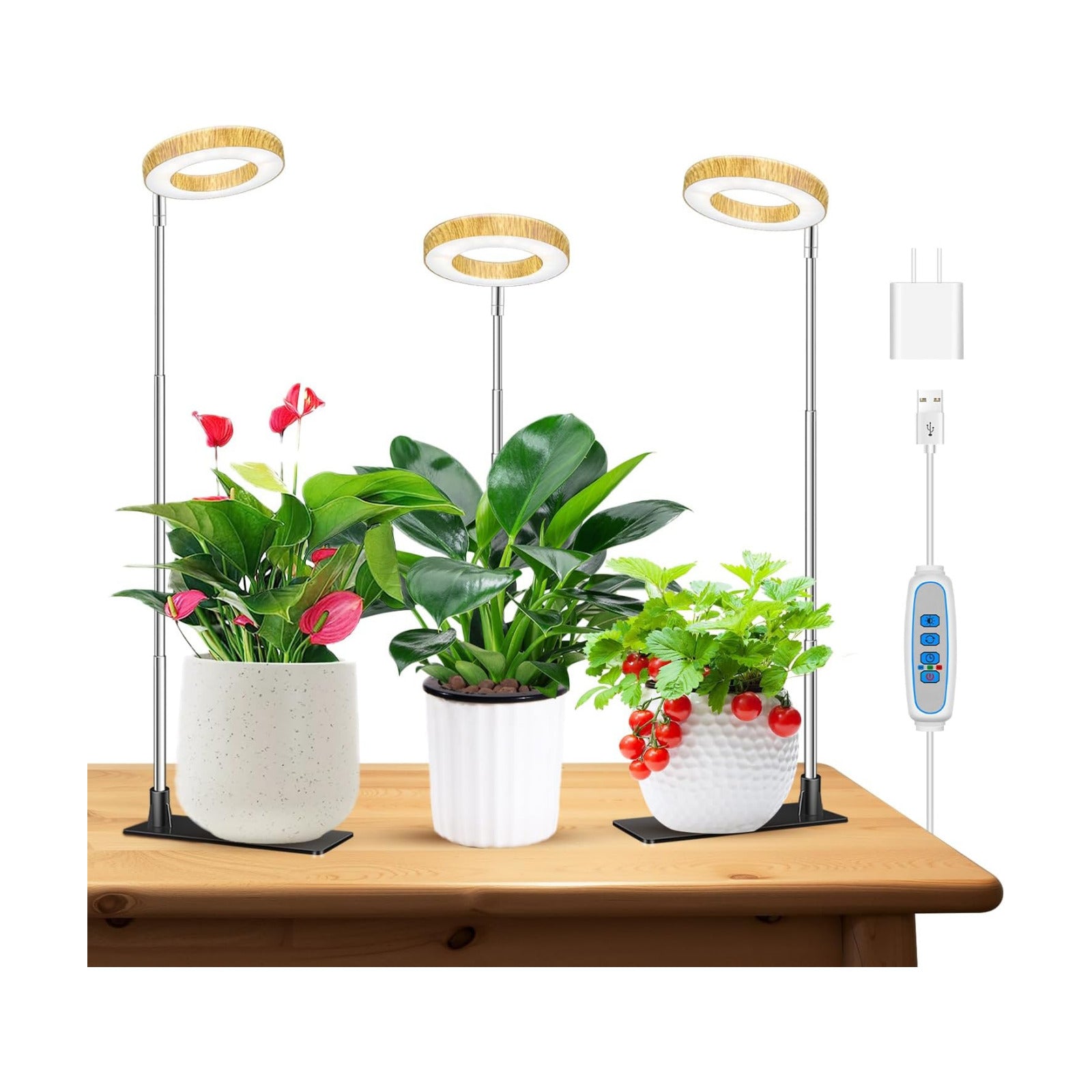 Kullsinss 3.5in Halo Plant Lights for Indoor Growing, 48 LEDs Full Spectrum | Wood Grain Grow Light with Base, 6/12/16H