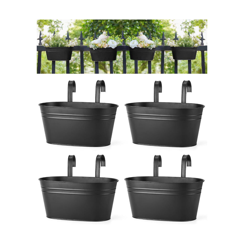 Dahey 10.5 Inch Metal Hanging Flower Pots 4 Pcs Outdoor Railing Planter Box | Drainage Holes, 2.7”Width Iron Detachable