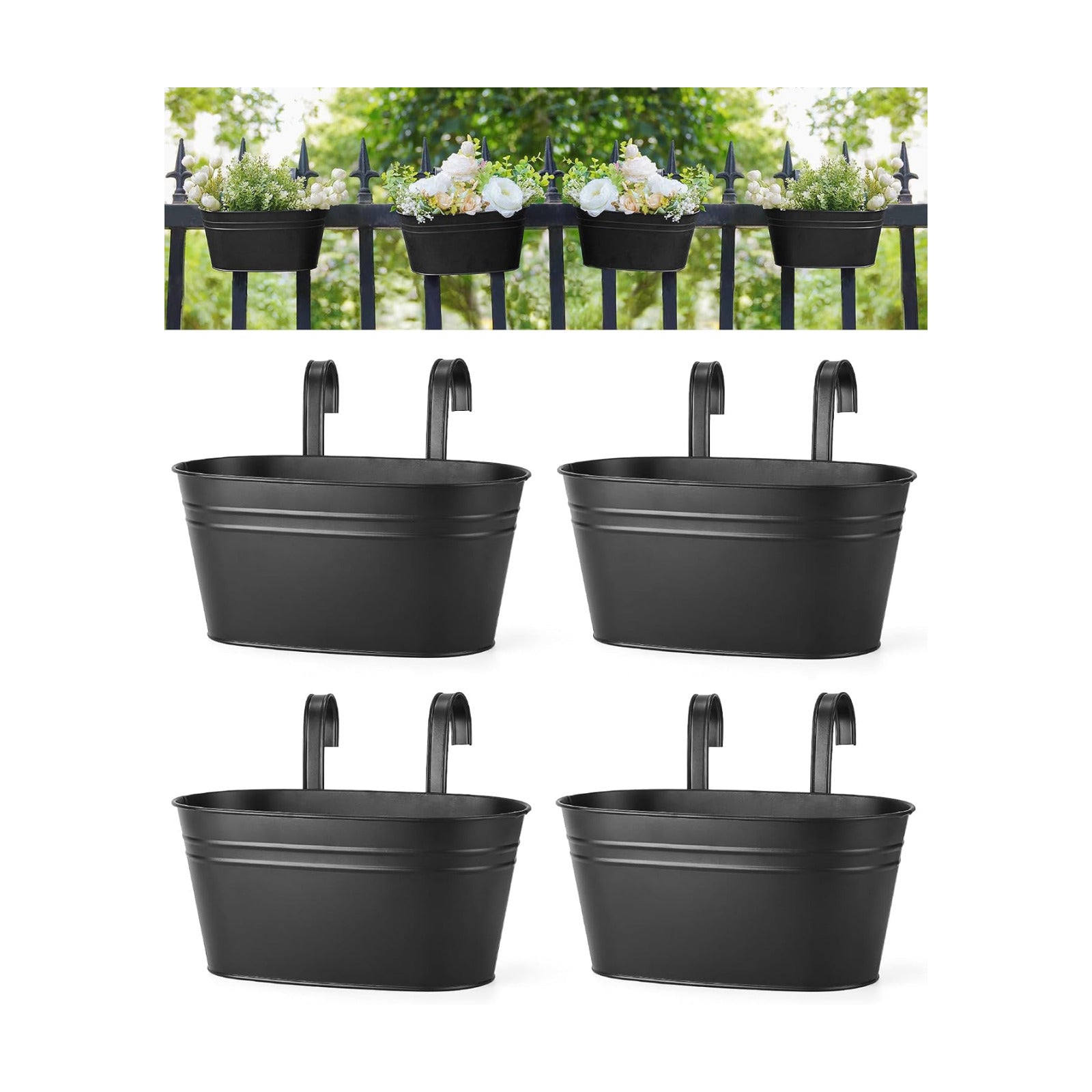 Dahey 10.5 Inch Metal Hanging Flower Pots 4 Pcs Outdoor Railing Planter Box | Drainage Holes, 2.7”Width Iron Detachable