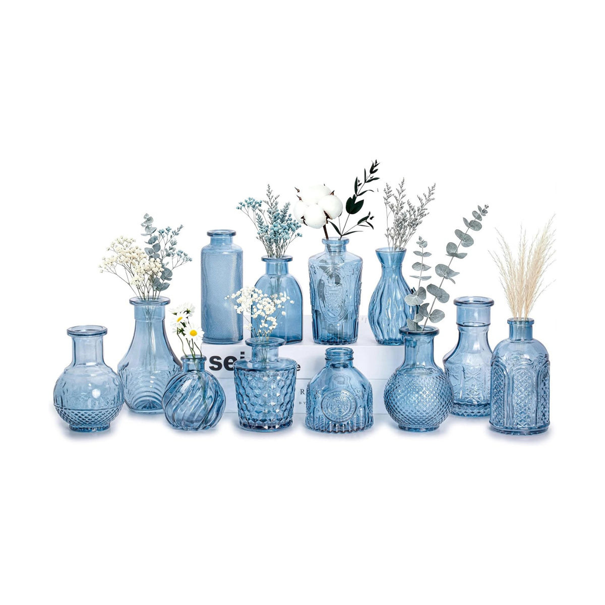 Mini Bud Vases Centerpieces for Tables,Clear Bud Vases for Flowers,Small Flower Vases Suitable for Birthday Party,Anniversary,Wedding Reception,Baby Shower (Blue, 12PCS)