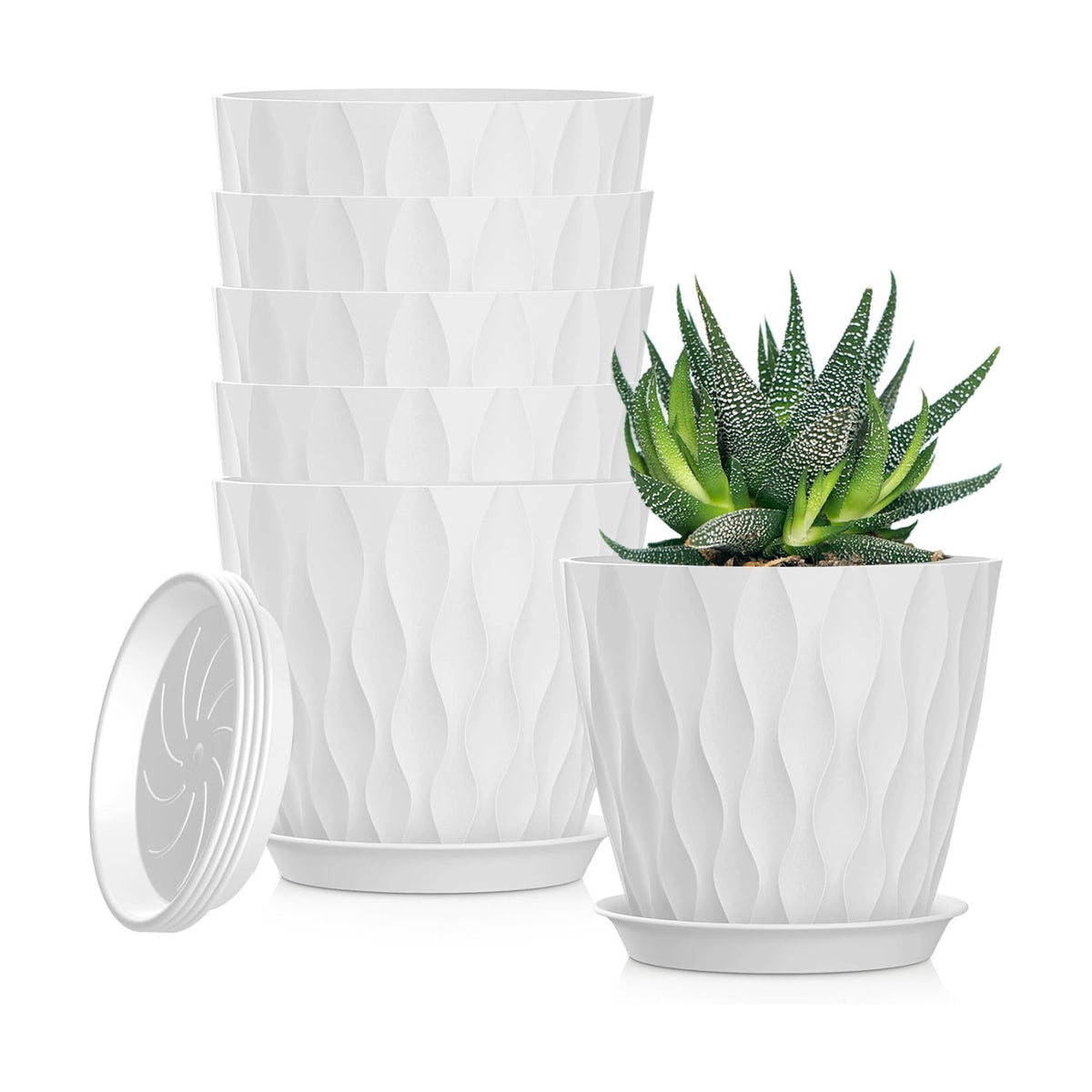 5 Inch Planter Pots, 6 Pack Indoor Planters, Small Flower Pots with Drainage Holes and Tray for Succulents, Orchids, Herbs and Other Indoor Plants (White, 5inch)