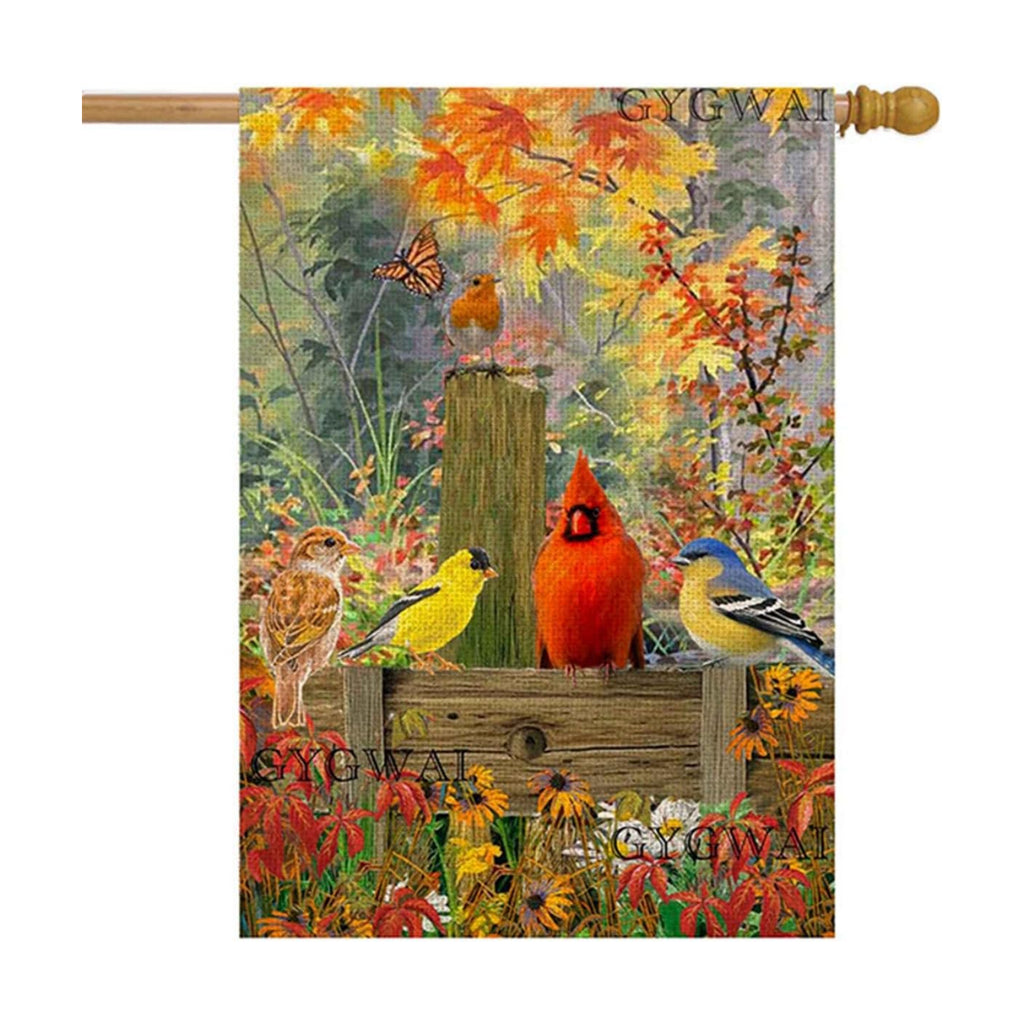 Fall Cardinal Maple Leaves House Flag 28x40 Inch Double Sided, Autumn Large Burlap Yard Flag for Outside Seasonal Thanksgiving Decoration