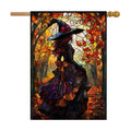 Halloween Witch House Flag 28x40 Double Sided Outside, Stained Glass Burlap Halloween Yard Flag for Fall Holiday Outdoor Decorations