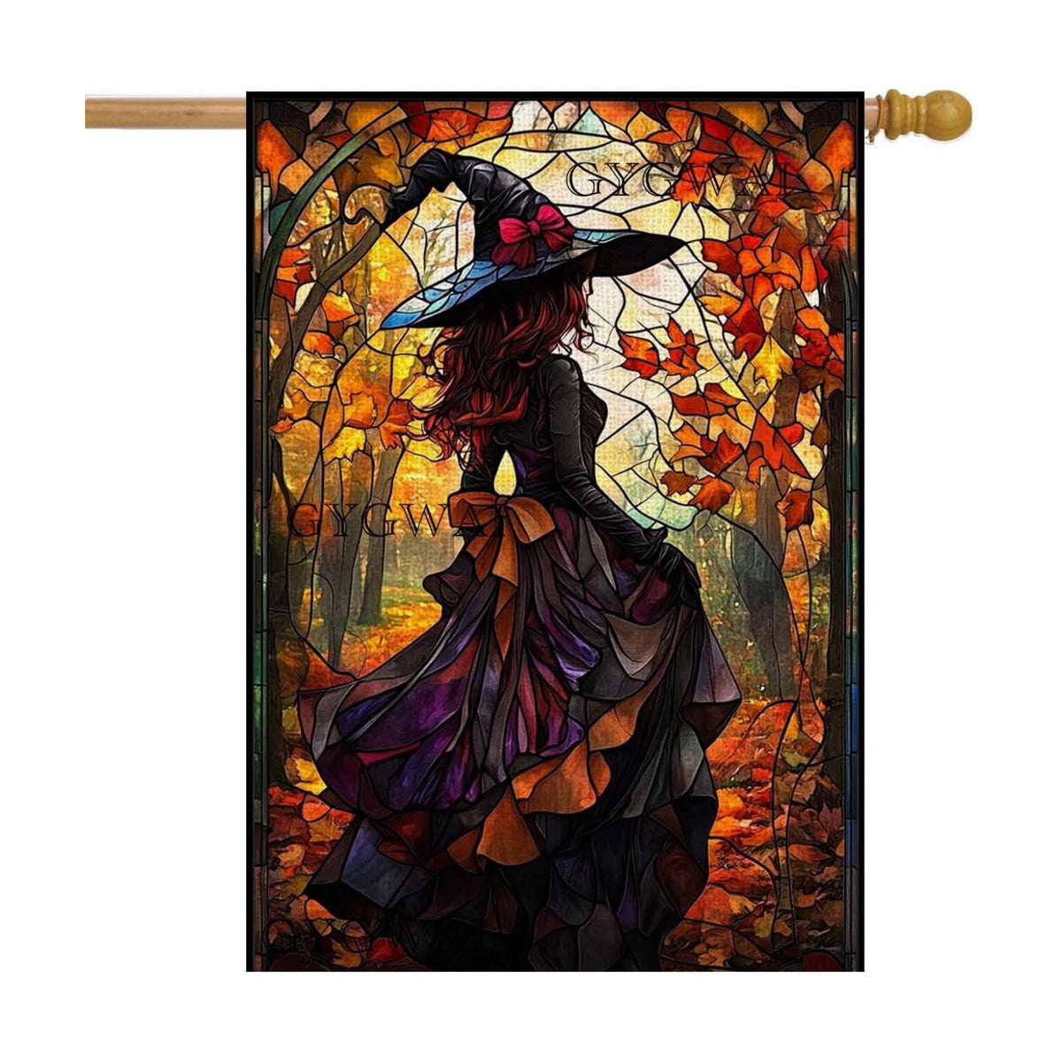 Halloween Witch House Flag 28x40 Double Sided Outside, Stained Glass Burlap Halloween Yard Flag for Fall Holiday Outdoor Decorations