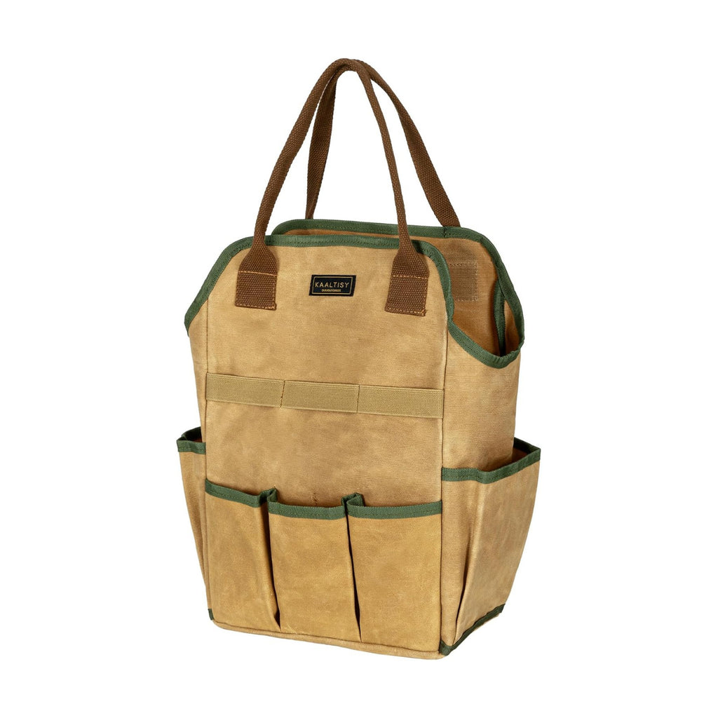 Canvas Tool Bag, 16OZ Waxed Canvas Garden Tool Tote - with 3 Inner Slots & 8 Outer Pockets & Portable Handle, Gardening