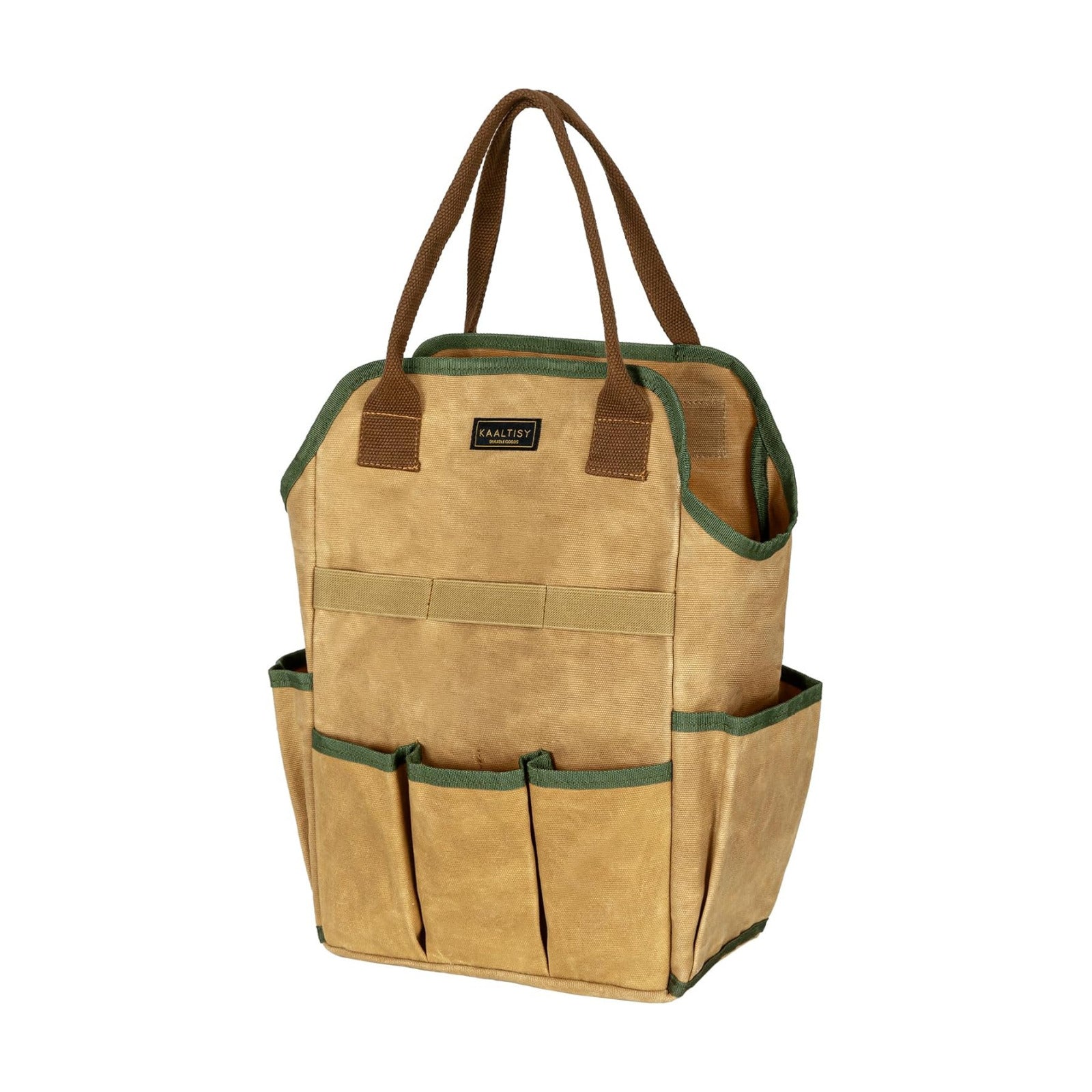 Canvas Tool Bag, 16OZ Waxed Canvas Garden Tool Tote - with 3 Inner Slots & 8 Outer Pockets & Portable Handle, Gardening