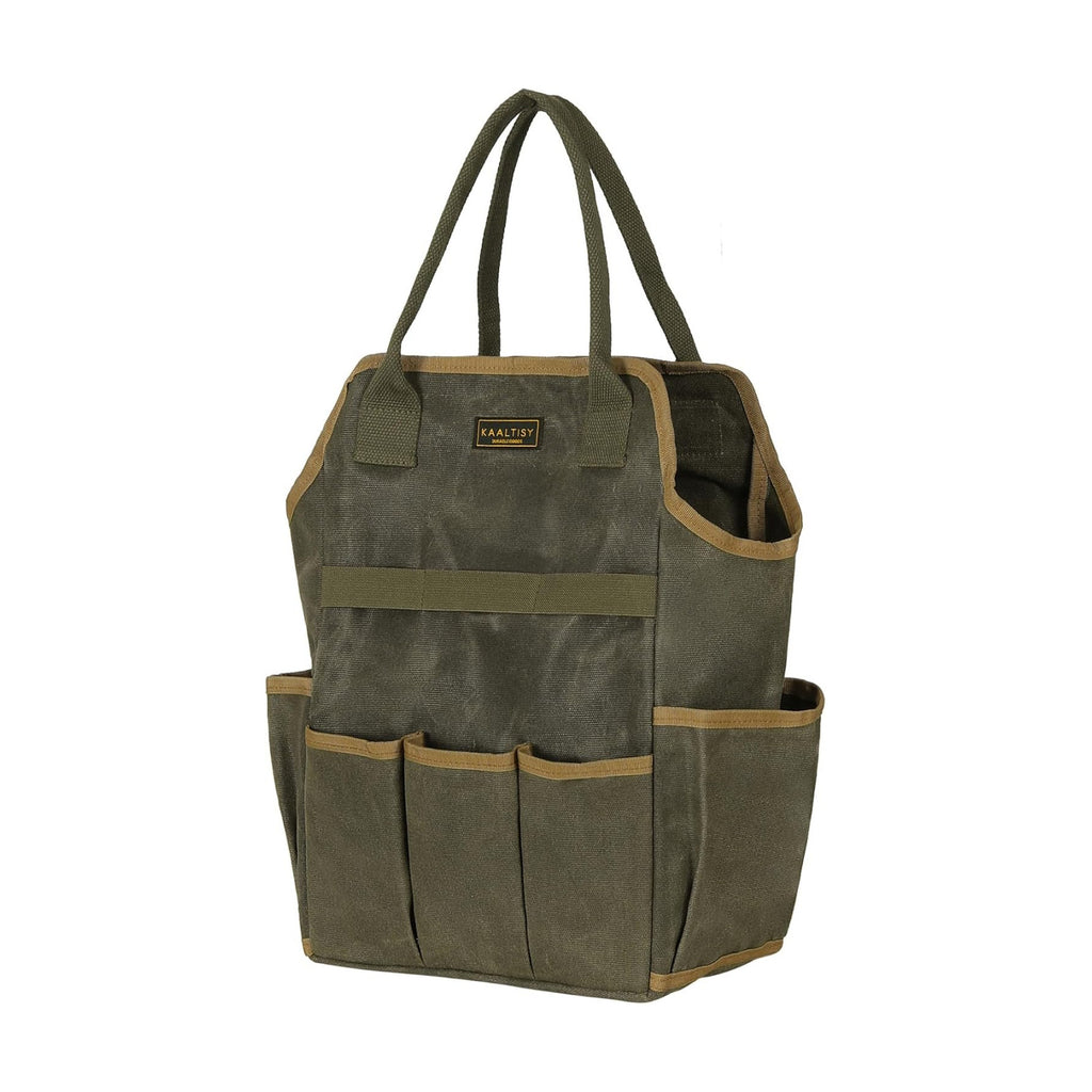 Tool Bag, Heavy Duty 16oz Waxed Canvas Garden Tool Tote - with 3 Inner Slots & 8 Outer Pockets, Multi-Purpose Gardening