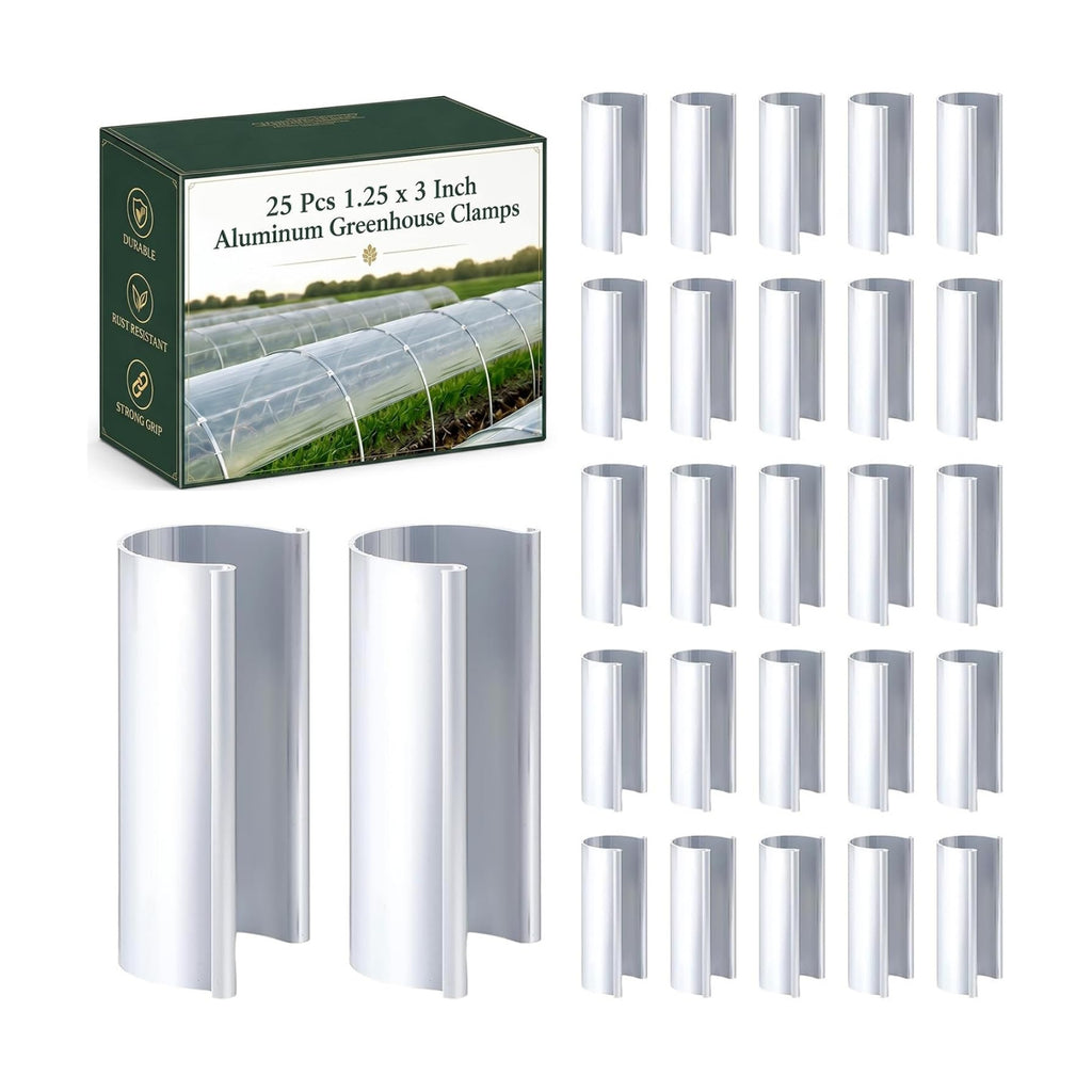 25 Pcs Aluminum Greenhouse Clamps, 1.25 x 3 Inch Heavy Duty Garden Clips for Row Cover and Netting, Rustproof Metal