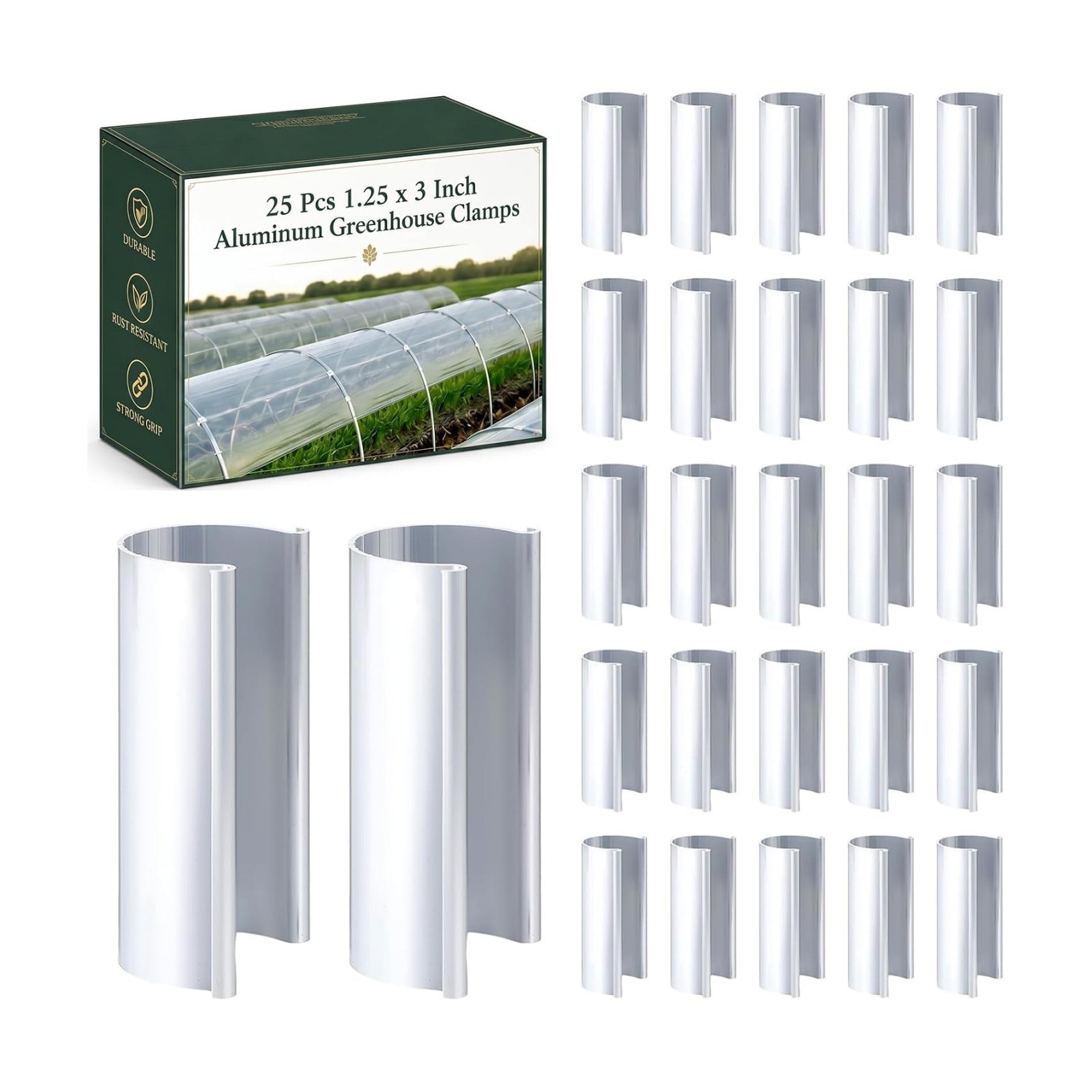 25 Pcs Aluminum Greenhouse Clamps, 1.25 x 3 Inch Heavy Duty Garden Clips for Row Cover and Netting, Rustproof Metal