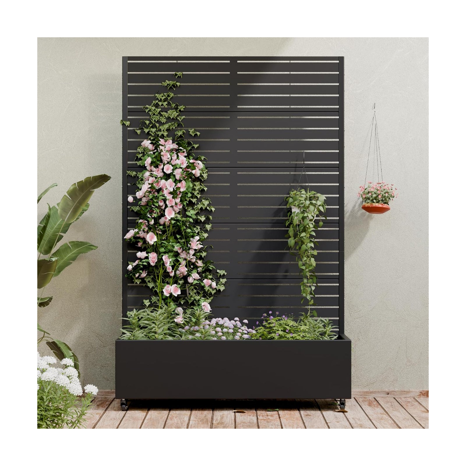 Casaphoria Metal Raised Garden Bed with Trellis and Wheels, 72"x47"x16" Planter Box for Climbing Plants, Vegetables &
