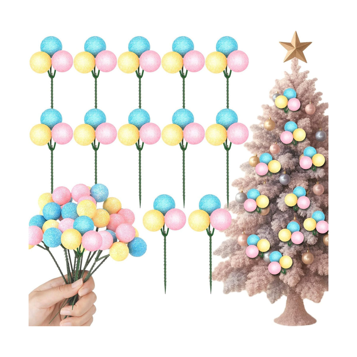Syhood 12 Sets 7.9 Inch Pastel Christmas Ball Picks and Sprays Decor
