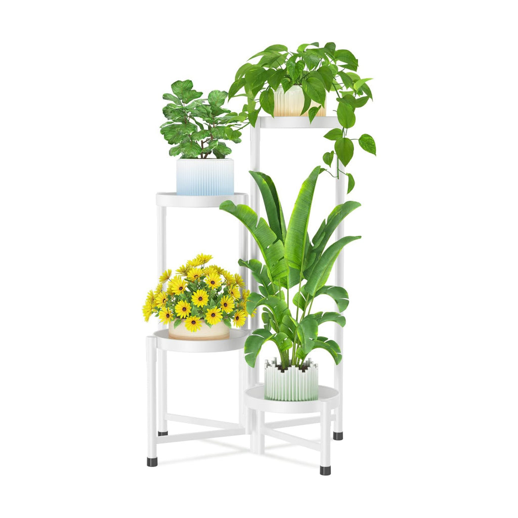 iDavosic.ly Plant Stand Indoor Outdoor, 4 Tier Metal Corner Shelf, White | Tiered Flower Display Holder, Folding Multi