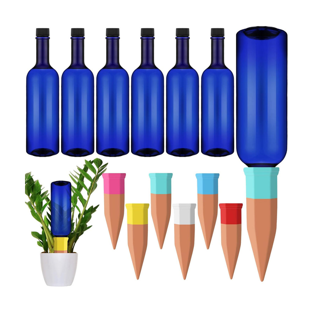 SiliFine 6 Sets Terracotta Watering Spikes,Blue and Mixed Color | 26 oz Bottles for Slow Release Watering, Self