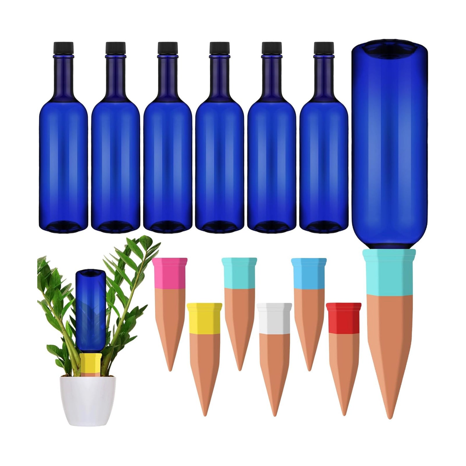 SiliFine 6 Sets Terracotta Watering Spikes,Blue and Mixed Color | 26 oz Bottles for Slow Release Watering, Self