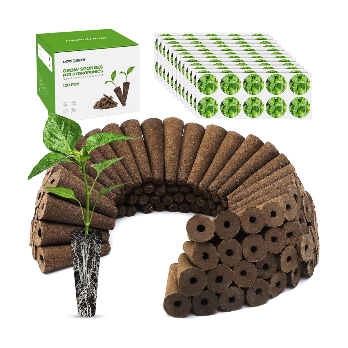 Ahopegarden 120 Pcs Seed Pod Kit for Aerogarden, Highly Breathable Hydroponics Replacement Pods Compatible with Most Indoor Hydroponic Systems,120 Grow Sponges & 120 Pod Labels