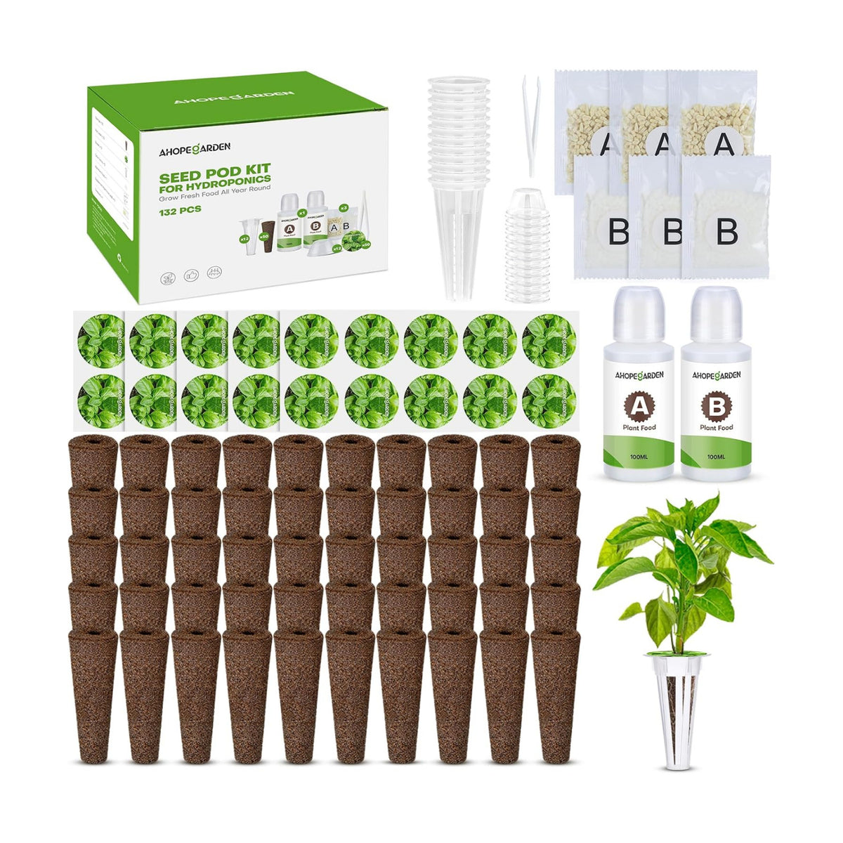 Ahopegarden 132pcs Hydroponic Pods Kit: Compatible with AeroGarden Herb Kits with 50 Grow Sponges, 50 Pods Lable, 12 Grow Baskets and Dome, 8 A&B Plant Food, Indoor Garden Kit Supplies for Most Brands