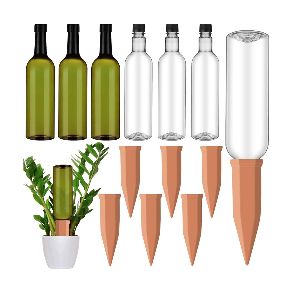 SiliFine 6 Sets Terracotta Watering Spikes,Clear Green and Terracotta | 26 oz Bottles for Slow Release Watering, Self