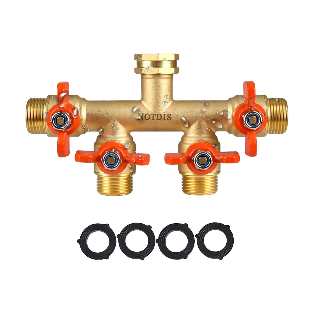 4 Way Brass Hose Splitter Full Flow with Metal Handle - Heavy Duty Spigot Splitter with Shut Off Valve, 3/4" GHT Garden