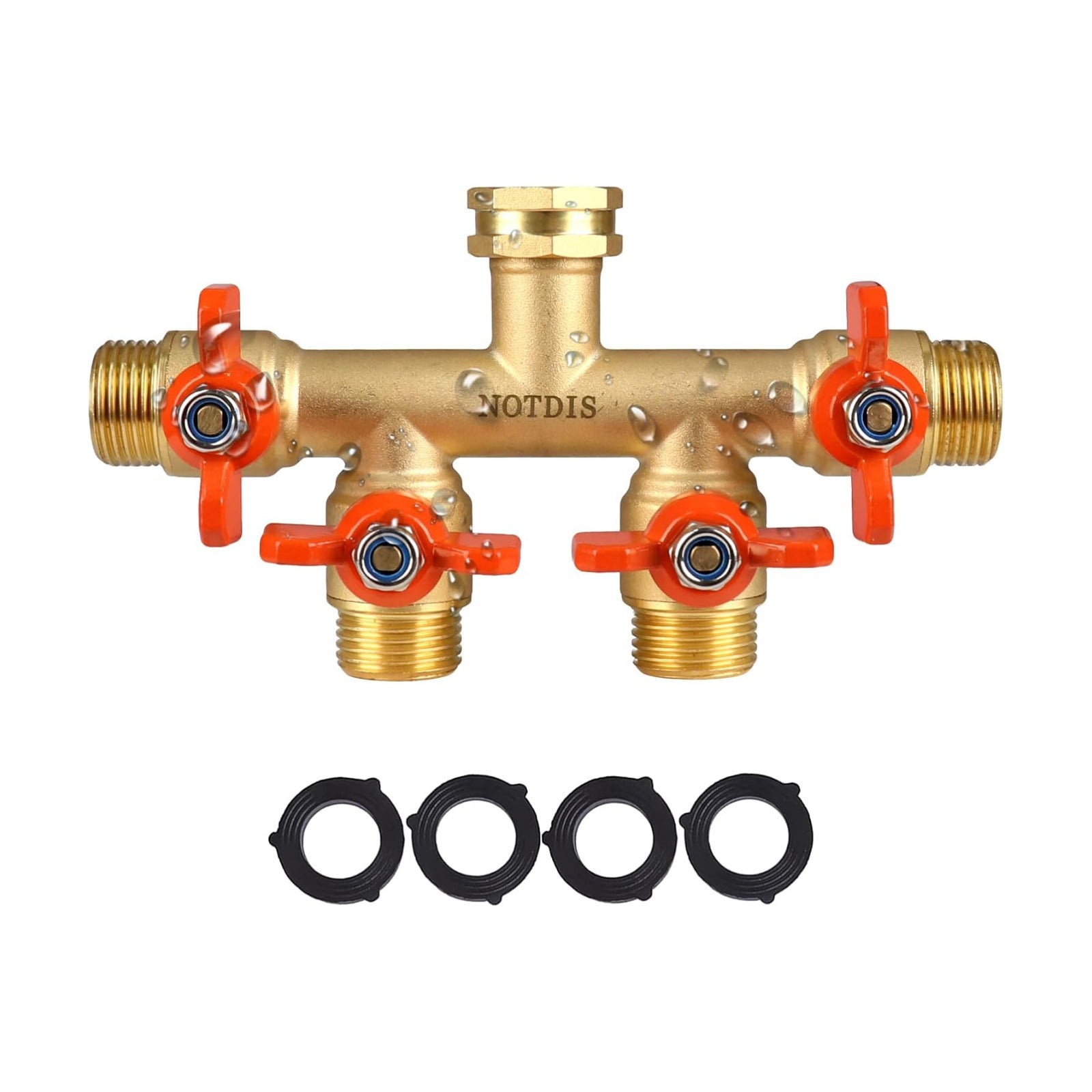 4 Way Brass Hose Splitter Full Flow with Metal Handle - Heavy Duty Spigot Splitter with Shut Off Valve, 3/4" GHT Garden