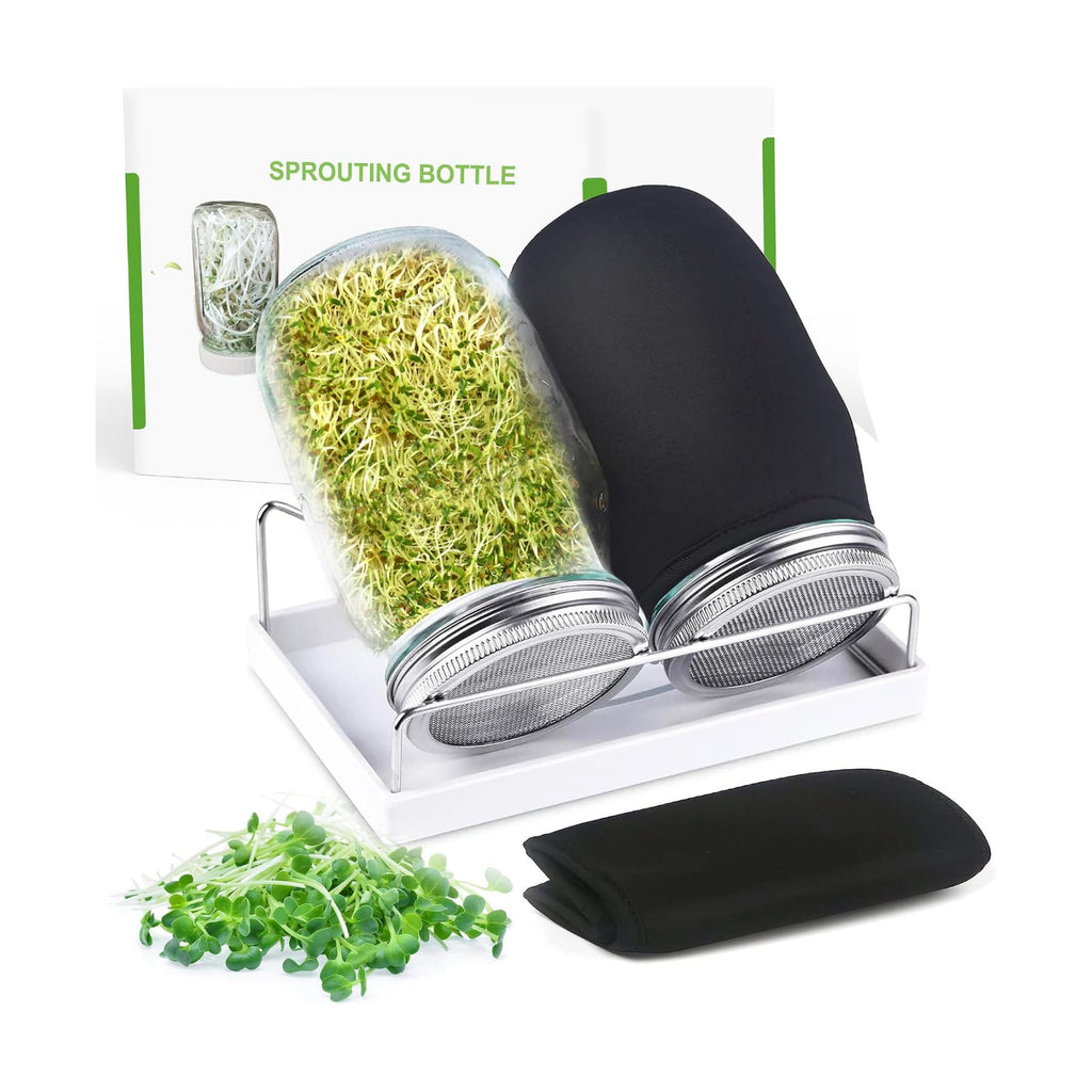 Kitmiido Organic Seed Sprouting Jar Kit – 2 × 32 oz Wide-Mouth Mason Jars | Stainless-Steel Sprouter Lids & Stand