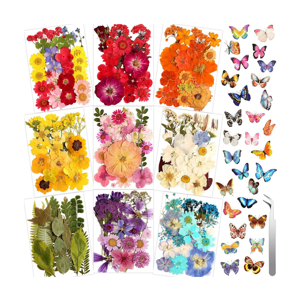 318 PCS Pressed Flowers Butterfly Stickers for Craft, Real Dried Pressed Flowers Bulk Natural Dry Flowers Floral with DIY Butterfly Stickers Tweezers for Art, Resin Mold, Candles, Soap, Jewelry Making