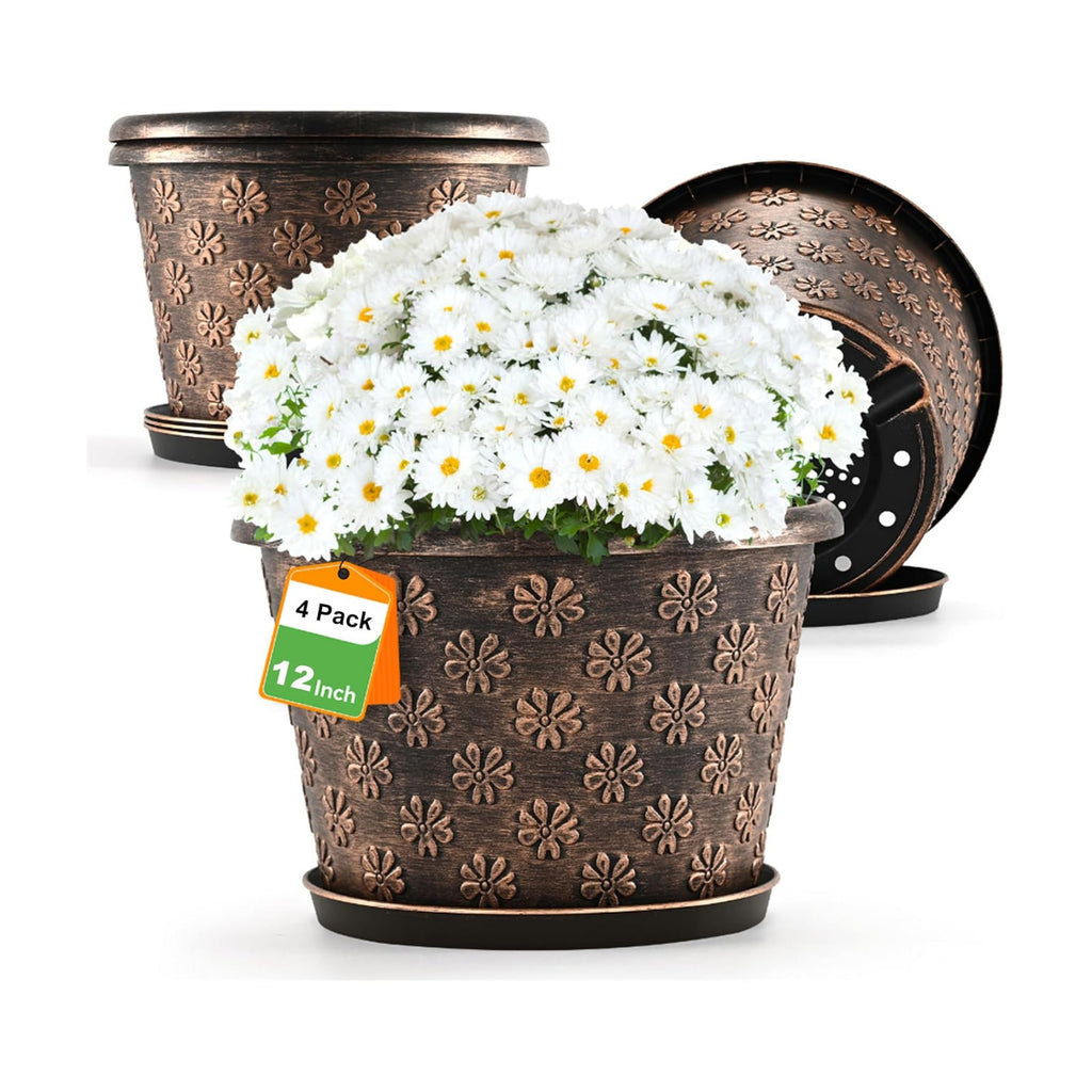 12 Inch Planter Pots for Plants, Plastic Large Flower Pots Indoor Outdoor, 4 Pack Resin Plant Pot with Drainage & Saucer, Retro Decorative Garden Pot with Removable Trays for House