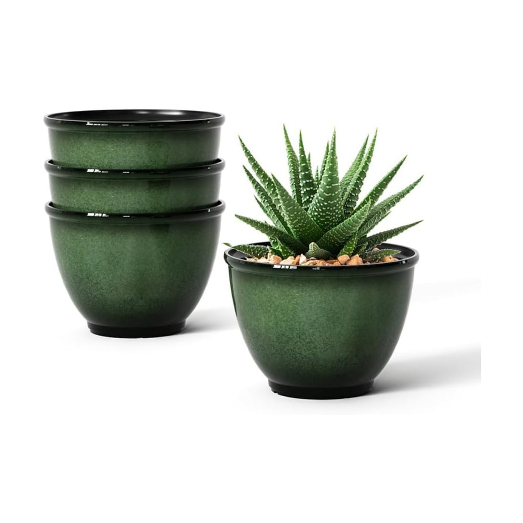 8Inch Plastic Plant Pots,4Pack Glazed Flower Pots for Indoor Outdoor Plants | Modern Decorative Ceramic Look Planters