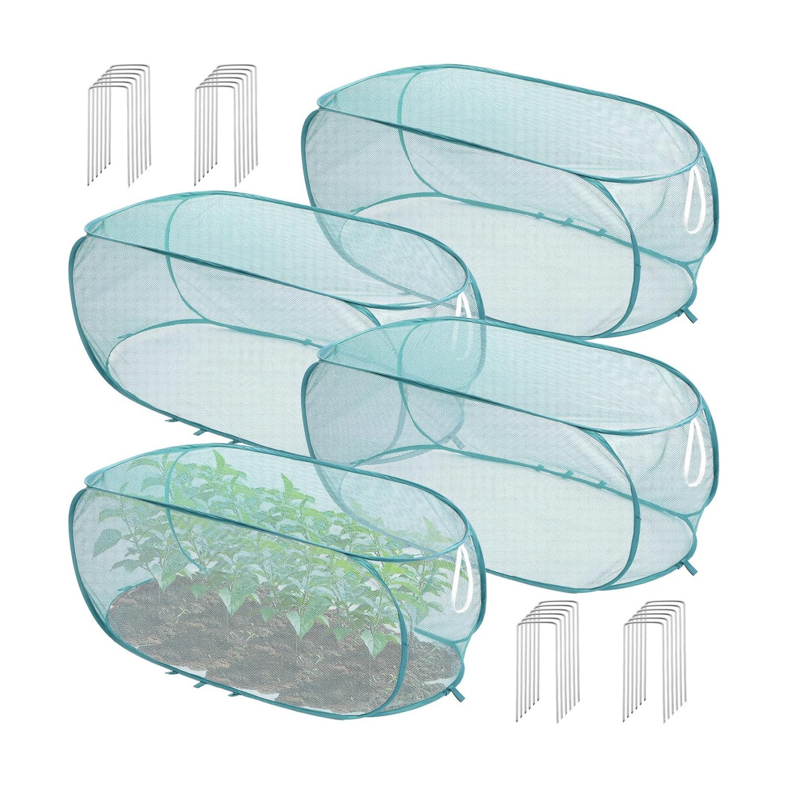 Molain 4 Pcs Pop Up Garden Plant Covers, 39" x 18" x 16" Mesh Plant Protector Net with 32 Ground Stakes Foldable