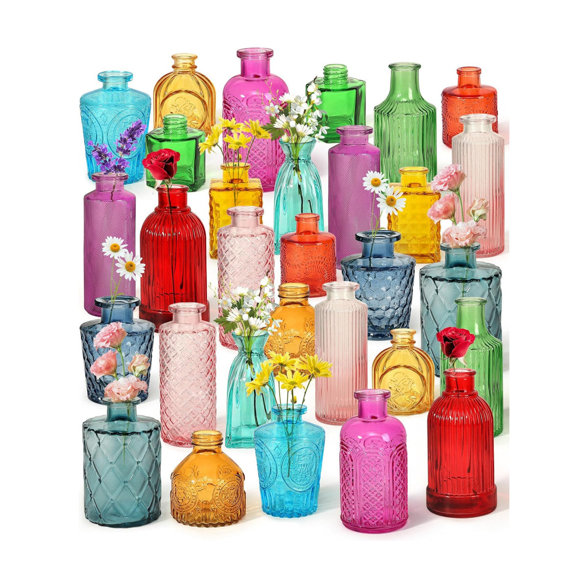 Set of 30 Colorful Glass Bud Vases Small Textured Flower Vases
