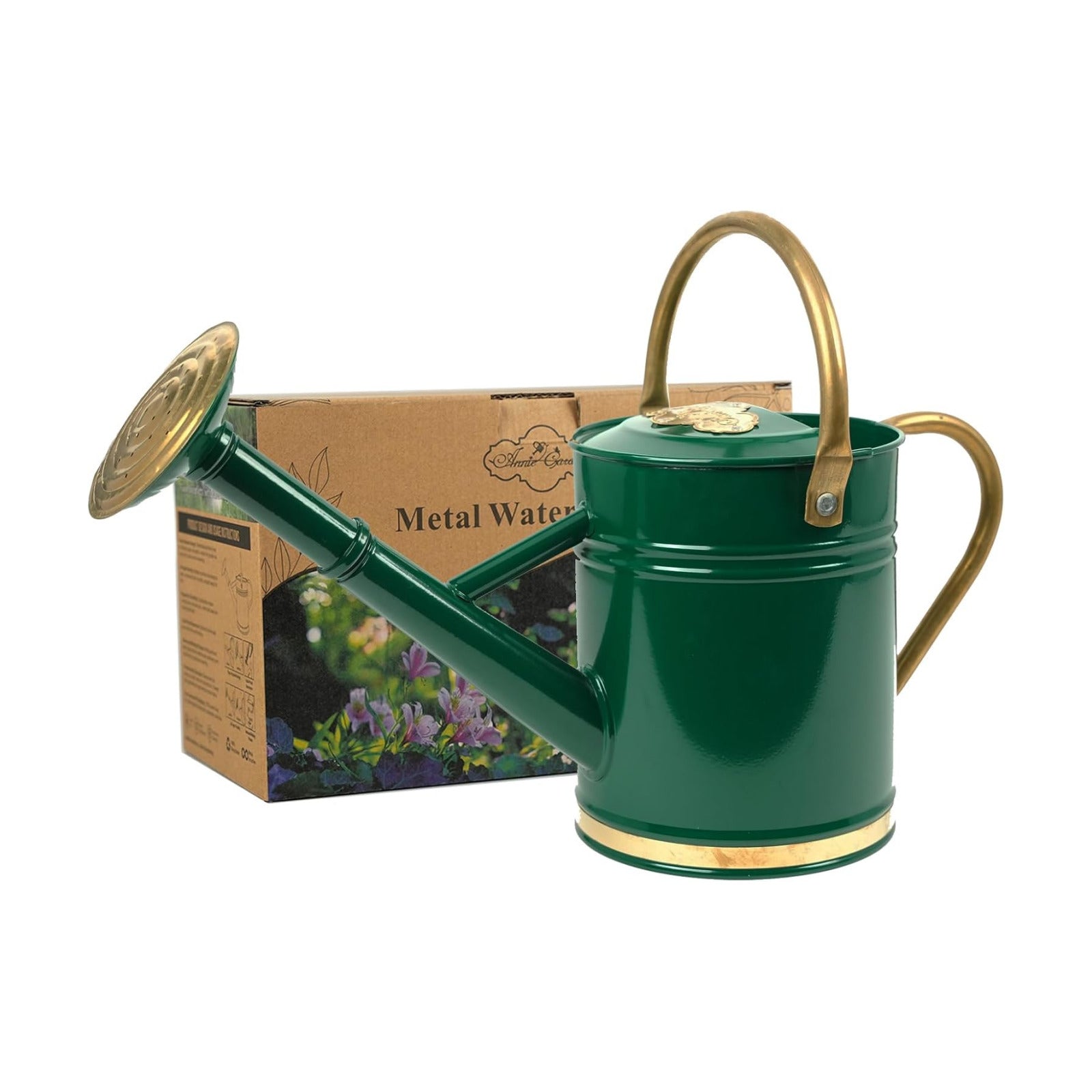 1 Gallon Green Metal Watering Can with Solid Brass Accents | Solid brass top and side handles, removable watering rose