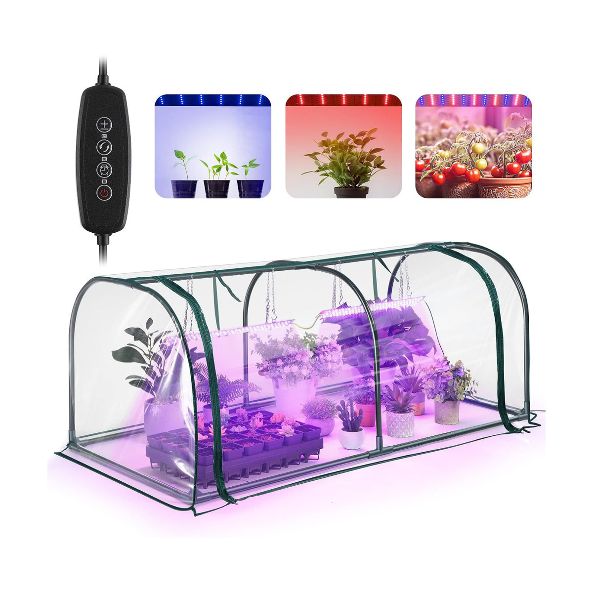 Meonum Mini Greenhouse with Grow Light, 51.18 "L x 25.59" W x 21.65" H Portable Greenhouses Waterproof UV-Resistant for Indoor/Outdoor Seed Starting(Dome Shape)