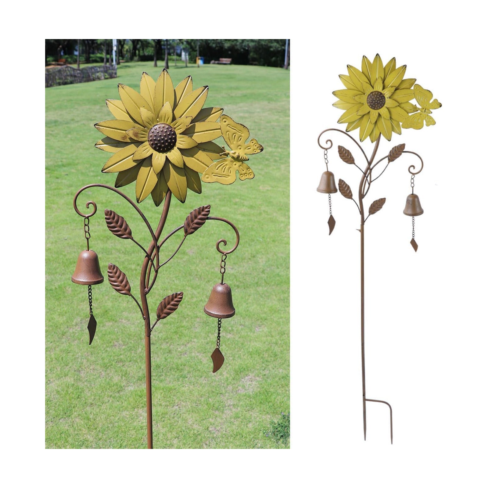 Decorative Garden Stakes,Garden Stake with Bells,Metal Flower Garden Decor | 50"H Sunflower Metal Flower Garden Stake