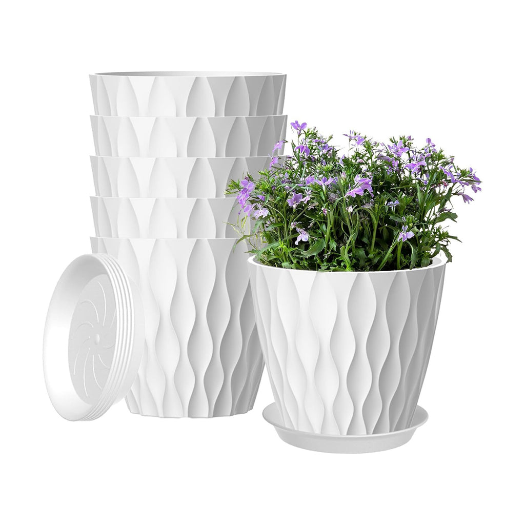 6 Pack 7 Inch Plant Pots with Drainage and Saucers, White Plastic Flower Pots for Indoor and Outdoor Plants, Stackable