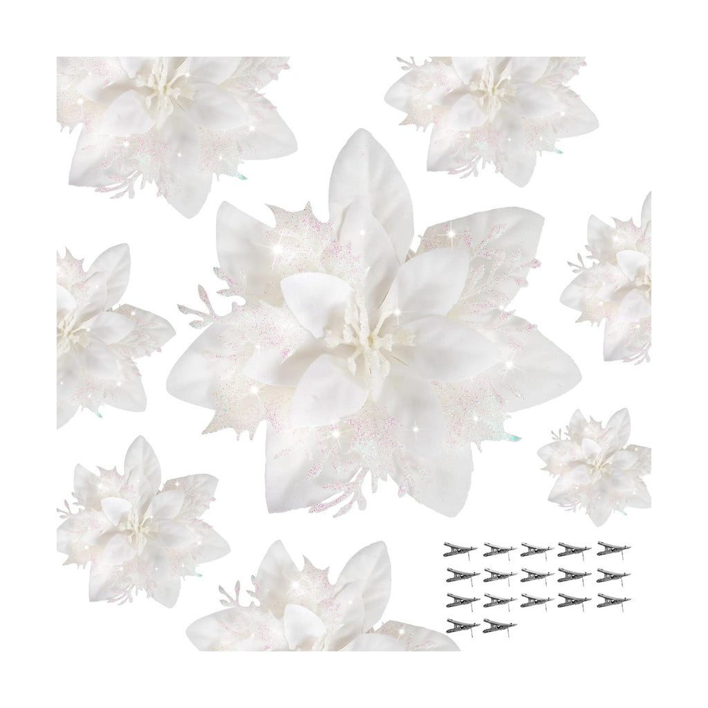 Childom 15 PCS White Poinsettia Flower Artificial Poinsettias with Clips Christmas Decorations Glitter Poinsettia Christmas Ornaments Xmas Tree Flowers with Stems DIY Xmas Wreath Holiday Party Decors