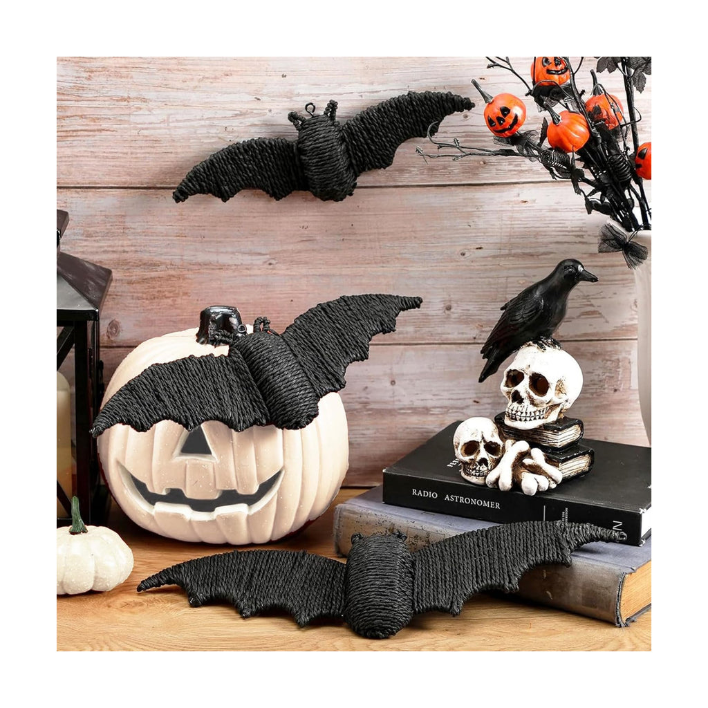 Beeveer 3 Pcs Woven Rattan Bat Wall Hanging Halloween Decor, 3D Scary Handcrafted Black Rope Bats, Rustic Natural Farmhouse Halloween Creepy Decorations for Home Fireplace Door, 9.06/7.48/5.91 Inch