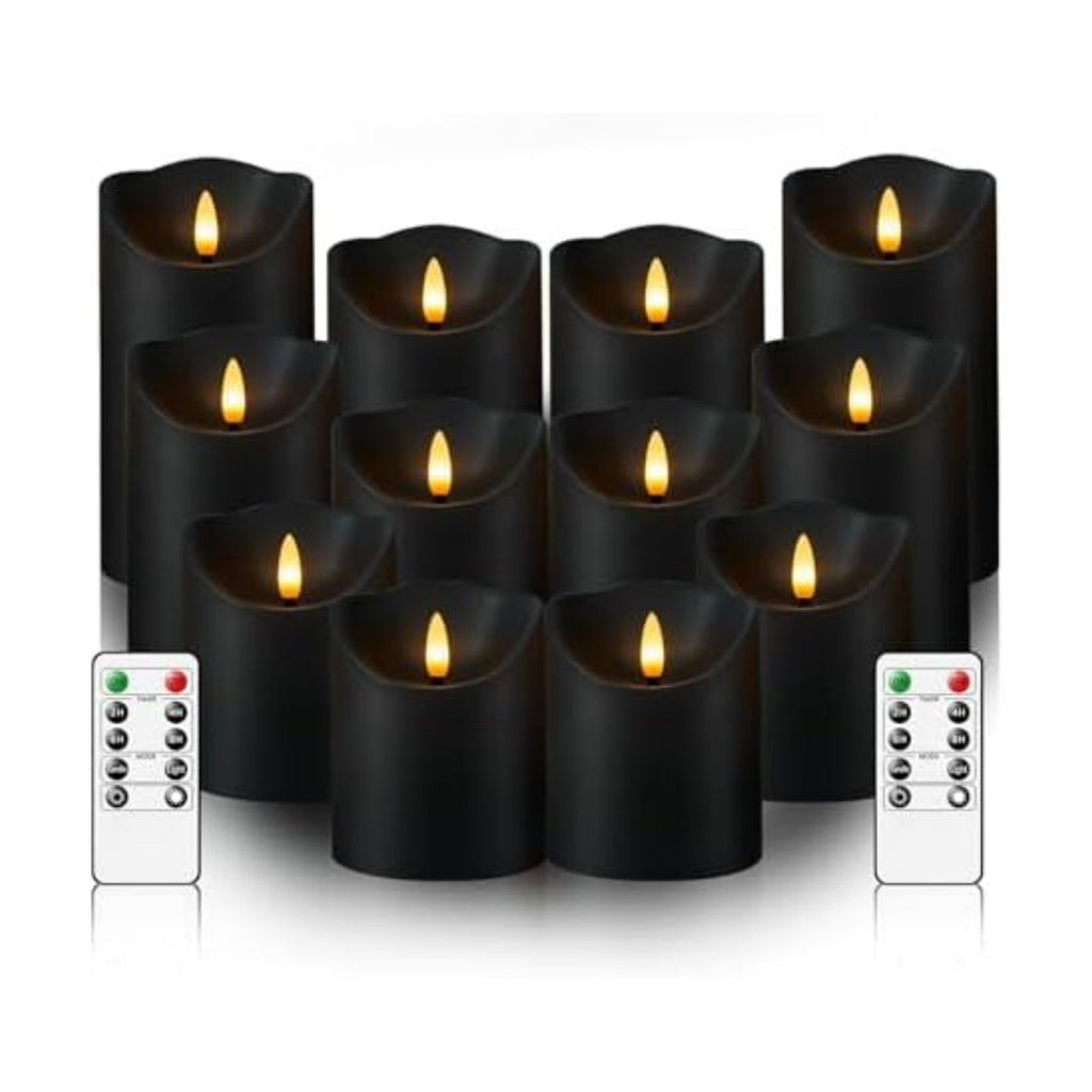 kakoya Flameless LED Candles Battery Operated with Remote and Timer,Flickering Electric Fake Plastic Pillar Candles Set of 12(D3 x H 3" 4" 5") Black