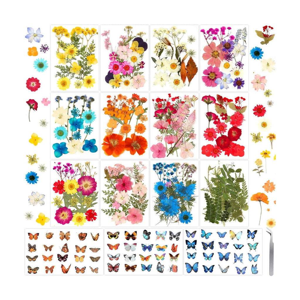300 Pcs Real Dried Pressed Flowers & Butterfly Stickers for Resin Crafts