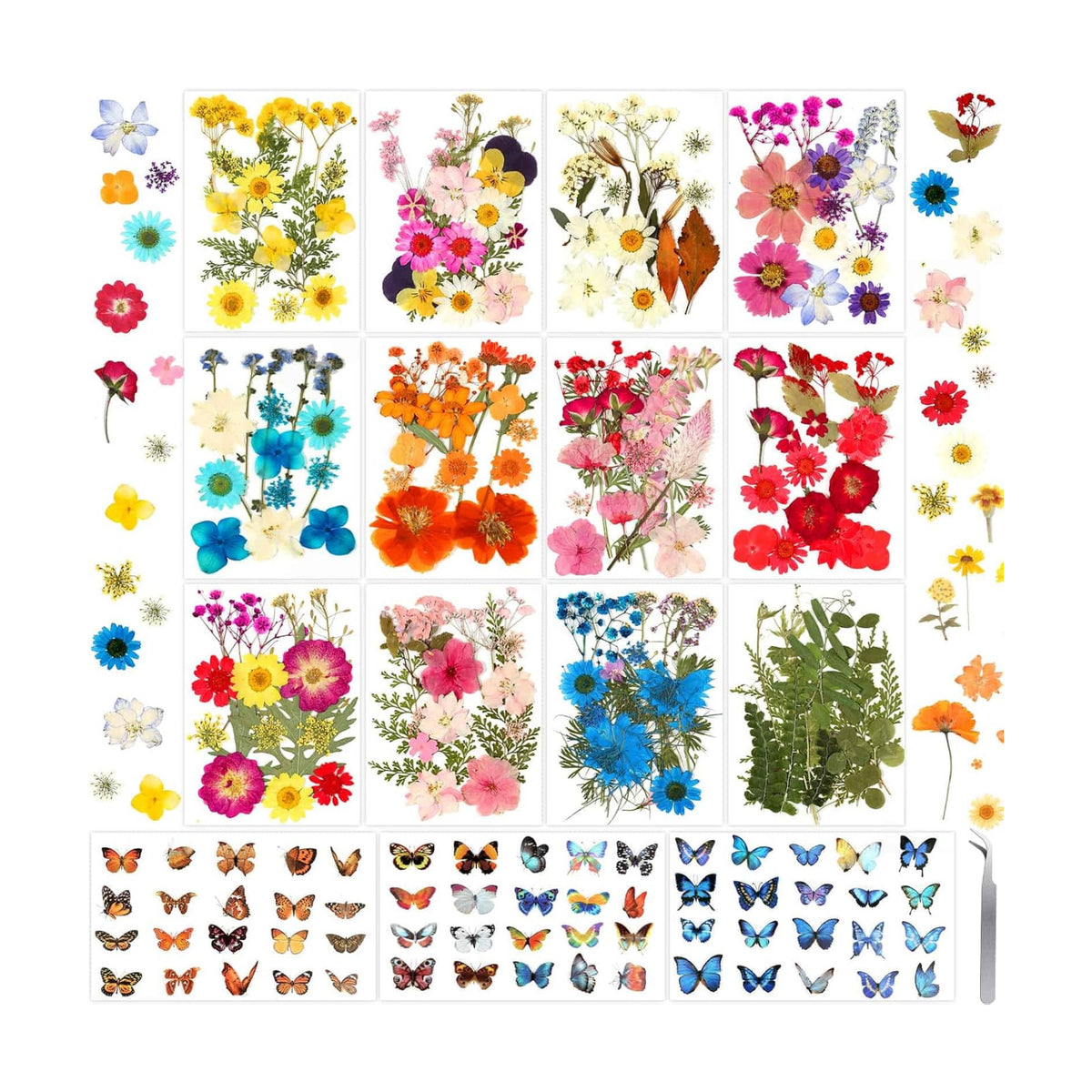 300 Pcs Real Dried Pressed Flowers & Butterfly Stickers for Resin Crafts