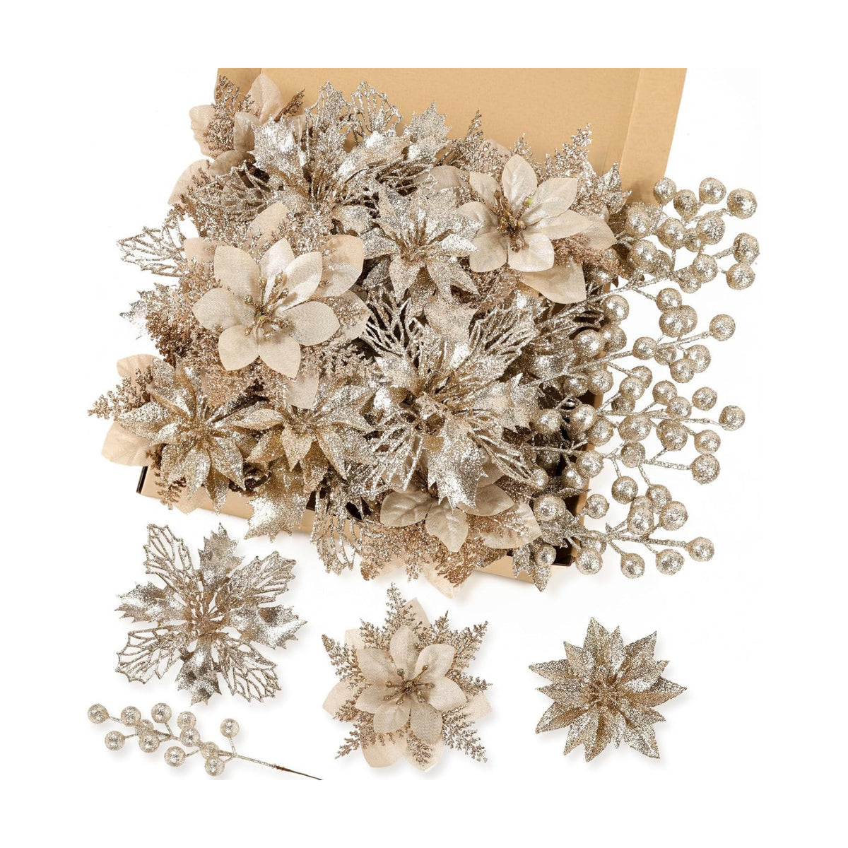N&T NIETING 24 Pcs Christmas Poinsettia Artificial Flowers & Glitter Berries Stems Kit Christmas Floral Picks Christmas Tree Garland Wreath Filler Ornaments for Home Party Xmas Decor, Champagne Gold