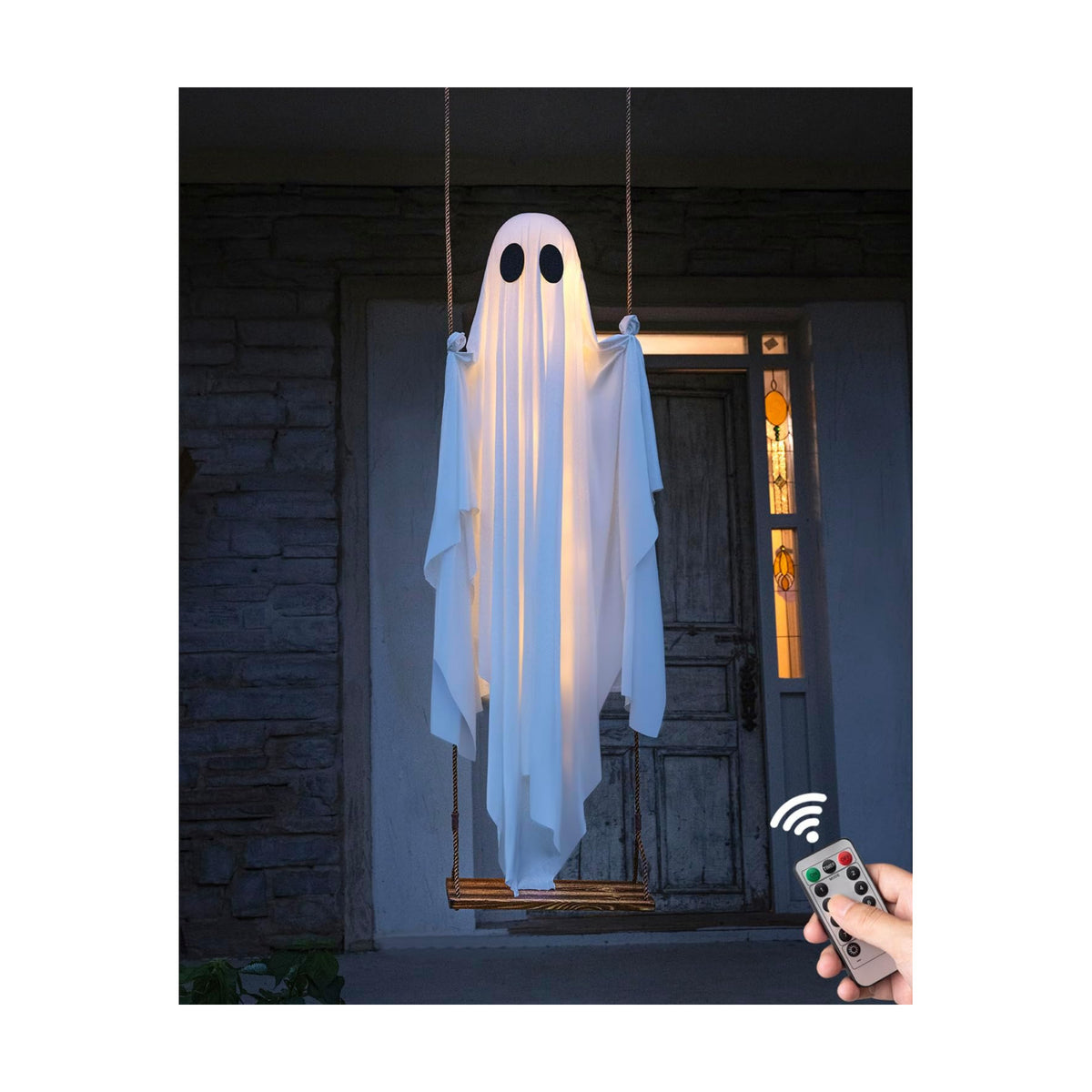 Halloween Decorations Outdoor - 5 FT Large Hanging Swing Ghost Halloween Decor with String Lights, Spooky Cute Ghosts Decorations for Front Porch Yard Tree