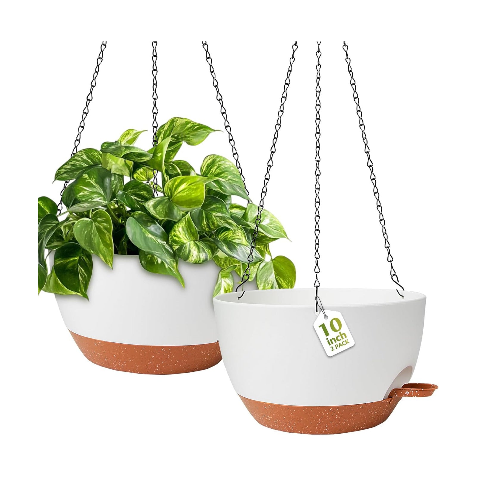 Hanging Planters, Self Watering, White 10 Inch 2 Pack with Drainage | Indoor Outdoor Use, Removable Drainage Tray