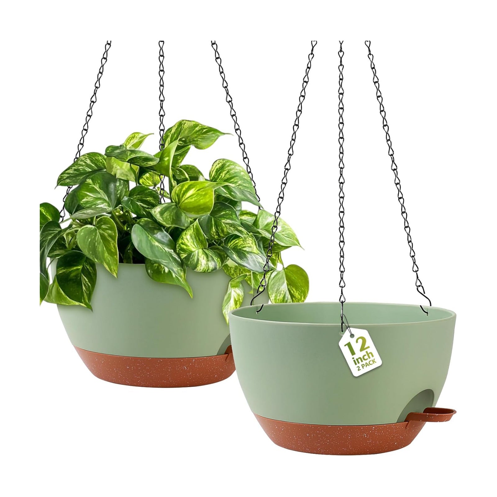 Hanging Planters, Self Watering, Green 12 Inch 2 Pack with Drainage | Indoor Outdoor Use, Removable Drainage Tray