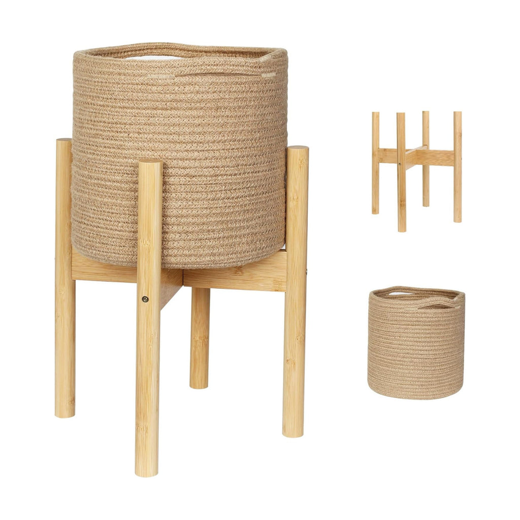 Plant Basket with Stand, Indoor Round Wicker Basket Plant with Bamboo Wood Stand, Decorative Woven Rope Flower Indoor
