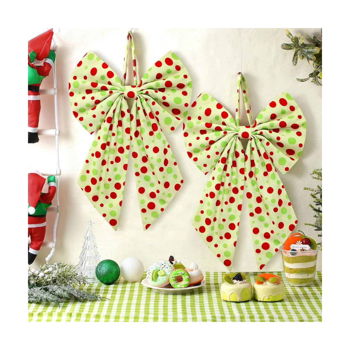 Suncalla 2 Pcs Red Green Christmas Dot Wreath Bows 18'' x 12''