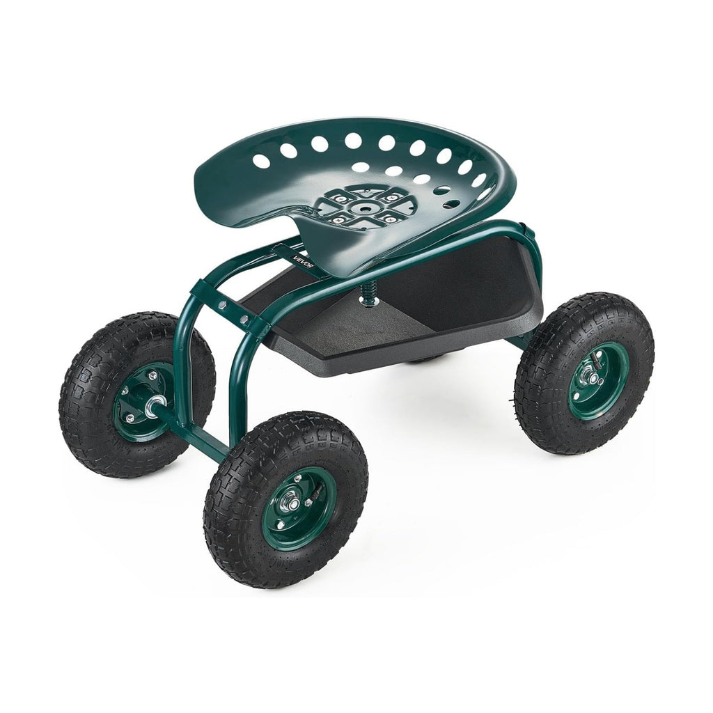 VEVOR Rolling Garden Cart with Swivel Seat, Heavy Duty Garden Seat with Storage Basket & Tool Tray, 300 lbs Weight