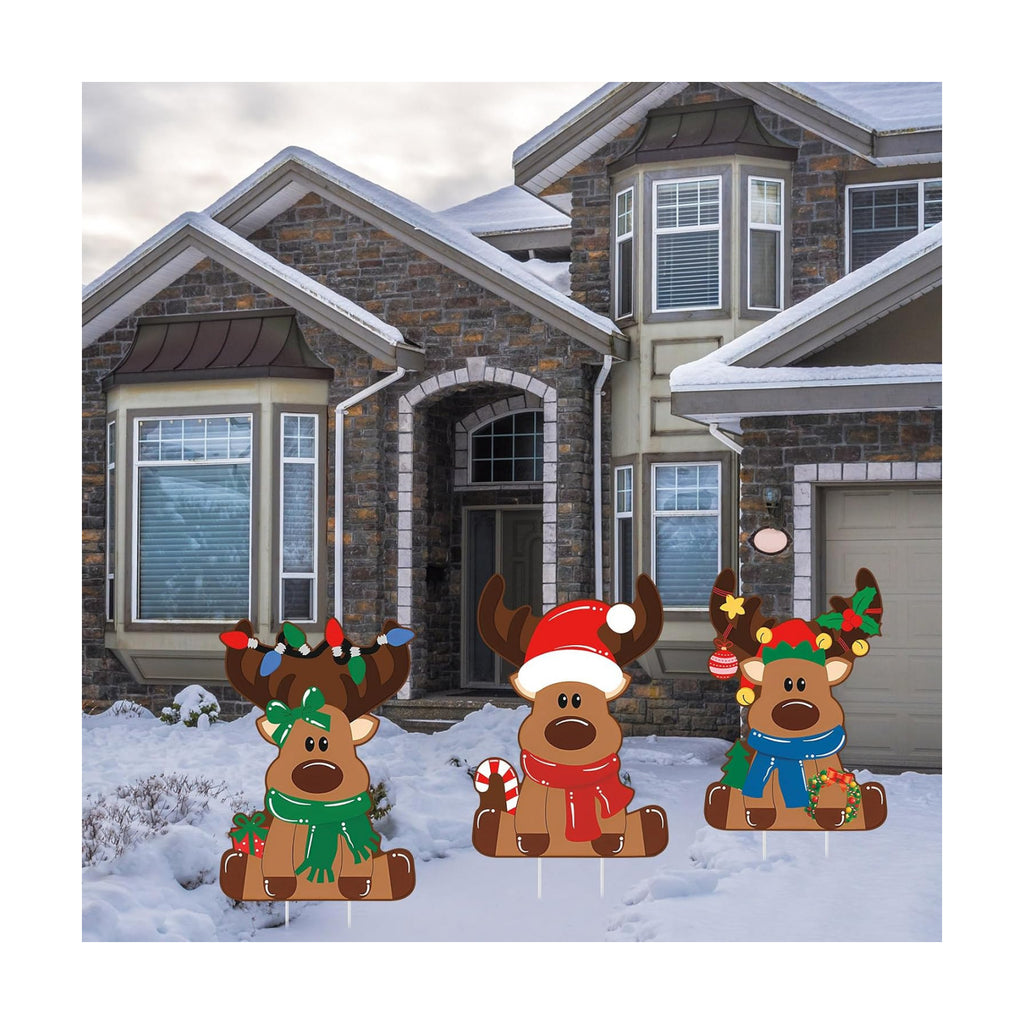 Weysat 3 Pcs Reindeer Christmas Yard Signs with Stakes, Elk Decoration