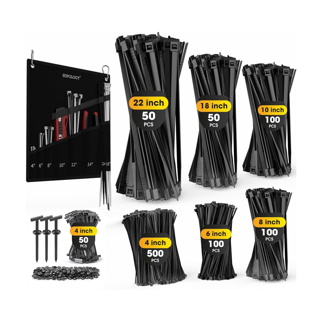 Zip Ties Assorted Size, 950 PCS Heavy Duty Wire Plants Ties with Oxford Ties Organizer, Up to 300 LBS and 22 Inches